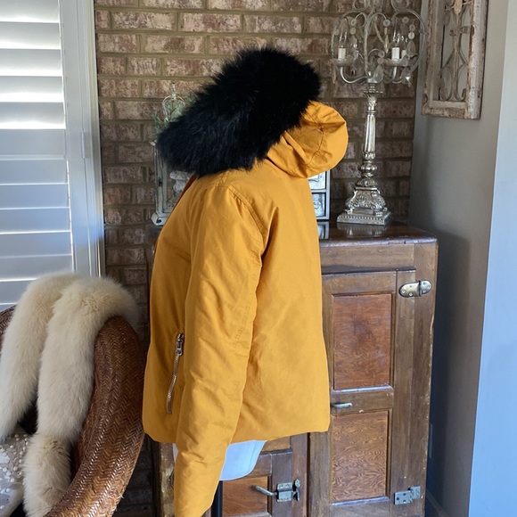 Zara Jackets & Coats Zara Mustard Yellow Puffer Jacket Black Faux